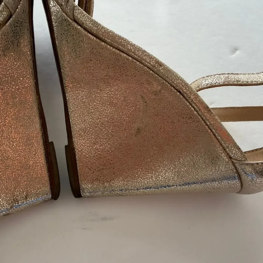 Loefller Randall Allegra Wedge Heels Sandals Gold Size 9 Open Toe Ankle Strap